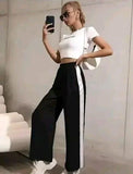 Women's Hight Waist Wide-Leg Jogger Pant Black & White Stripe